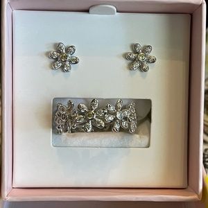 Diamonique Flower Ring and Earrings in Sterling Silver Set